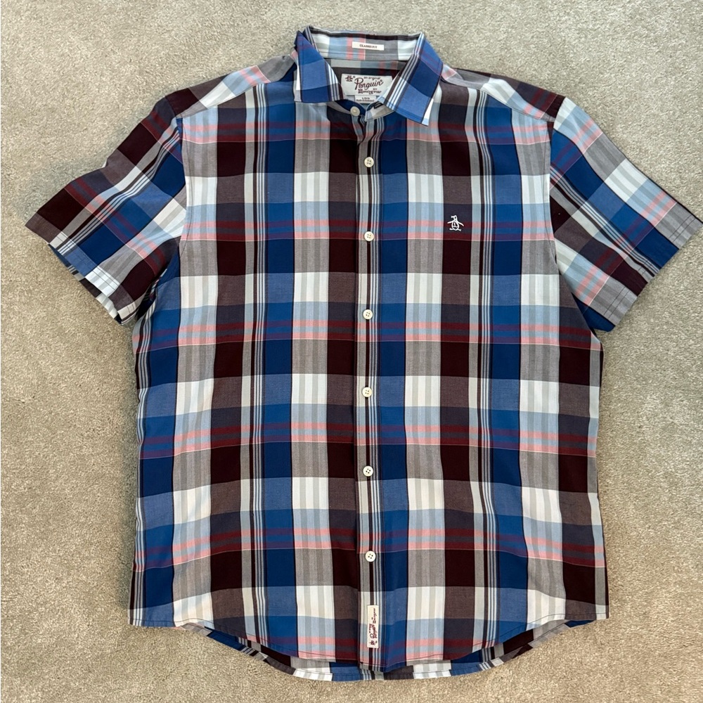 Original Penguin Men's Checkered Shirt - Blue, Red, and White Classic Fit L